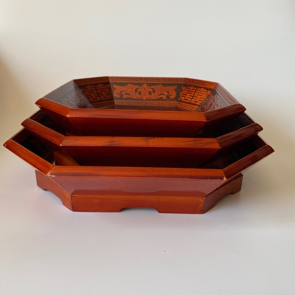 Korean Wooden Lacquer Serving Bowls Set of 3 Octagon Shaped Stackable Vintage - Picture 9 of 9